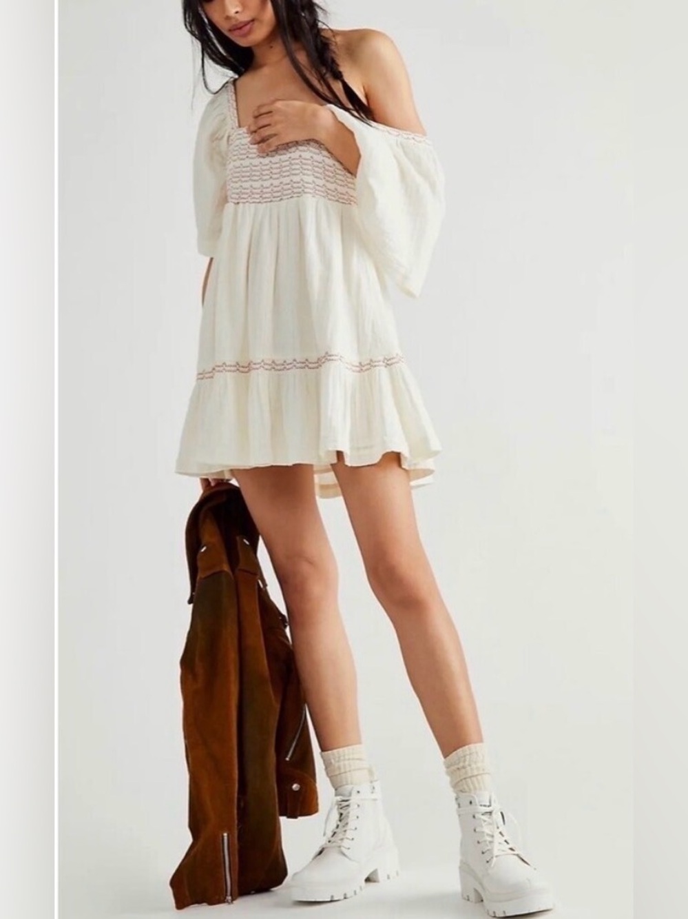Free People Easy to Love Bubble Mini Dress Sz M Moonglow Gauzy Smocked Boho